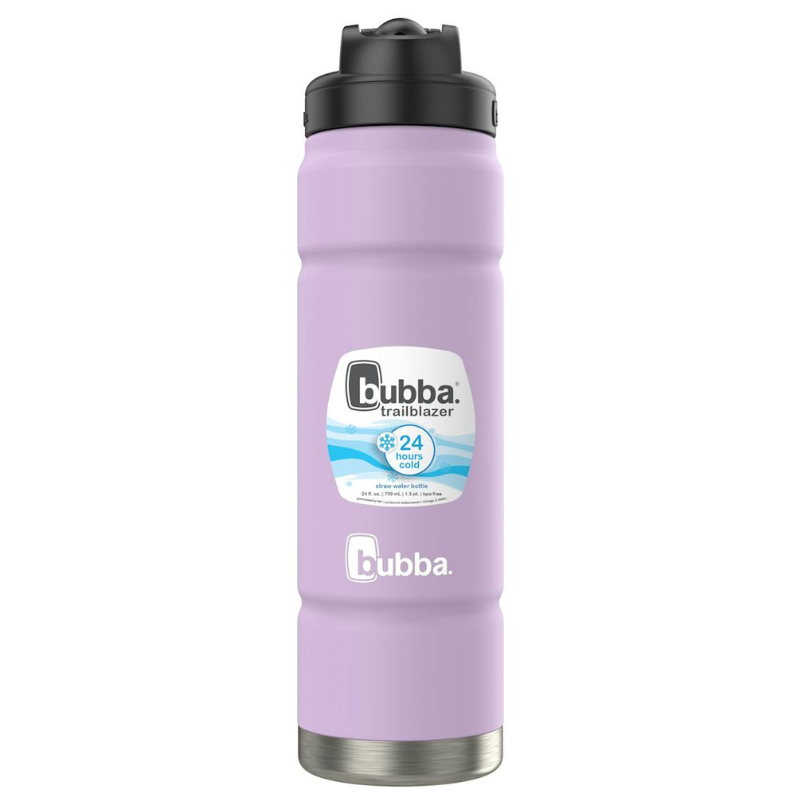 A purple Bubba Trailblazer water bottle with a black lid, labeled for keeping drinks cold for up to 24 hours.