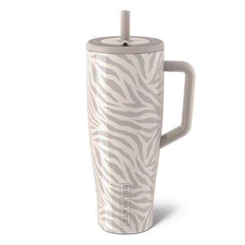 A tall tumbler with a handle and straw, featuring a zebra pattern in light and dark gray tones.