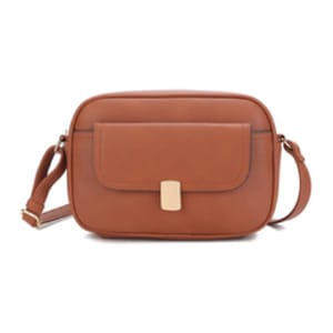 A brown shoulder bag with a rectangular shape, featuring a front flap pocket and a gold-tone clasp.