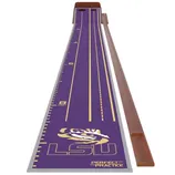 A putting mat featuring a purple LSU design with yardage markings and a ball return channel on the side, branded with \“Perfect Practice\“.