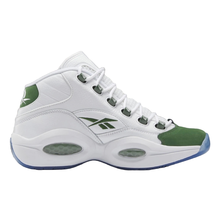 White and green Reebok Mid Basketball Shoes featuring a high-top design, lace-up closure, and a distinctive hexagonal cushioning in the midsole. The shoe includes the Reebok logo on the side and has an icy blue translucent outsole.