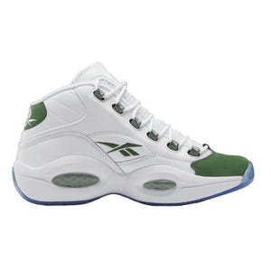 White and green Reebok Mid Basketball Shoes featuring a high-top design, lace-up closure, and a distinctive hexagonal cushioning in the midsole. The shoe includes the Reebok logo on the side and has an icy blue translucent outsole.