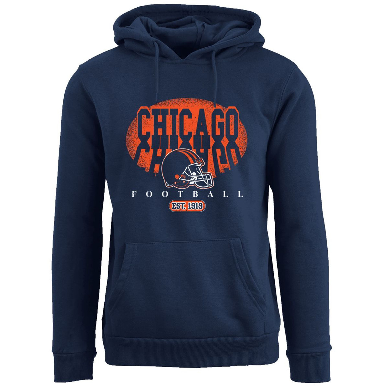 Navy blue hooded sweatshirt featuring \“CHICAGO\“ text, a football helmet graphic, and \“FOOTBALL EST. 1919\“ in orange and white.