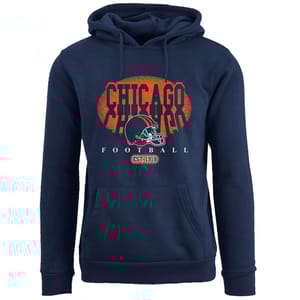 Navy blue hooded sweatshirt featuring \“CHICAGO\“ text, a football helmet graphic, and \“FOOTBALL EST. 1919\“ in orange and white.