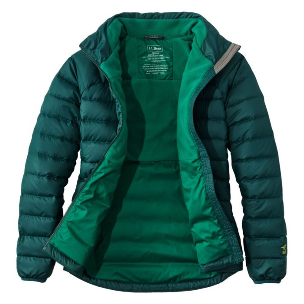 A dark green puffer jacket with a lighter green fleece lining, featuring a zipper closure and long sleeves.