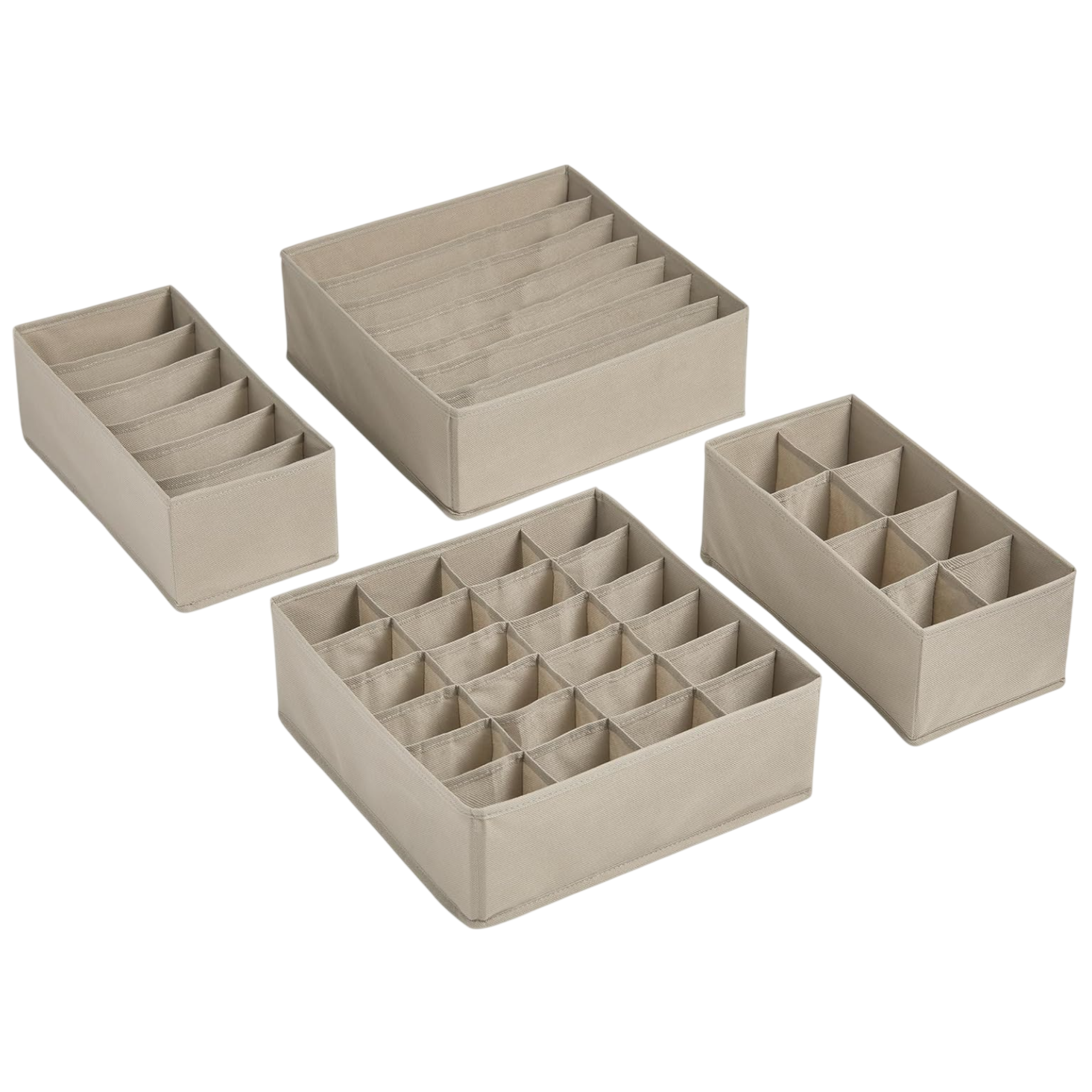 Four beige fabric drawer organizers with various compartment sizes for sorting small items like socks or accessories.
