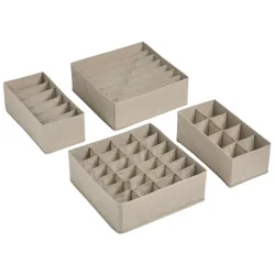 Four beige fabric drawer organizers with various compartment sizes for sorting small items like socks or accessories.