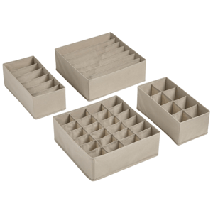 Four beige fabric drawer organizers with various compartment sizes for sorting small items like socks or accessories.