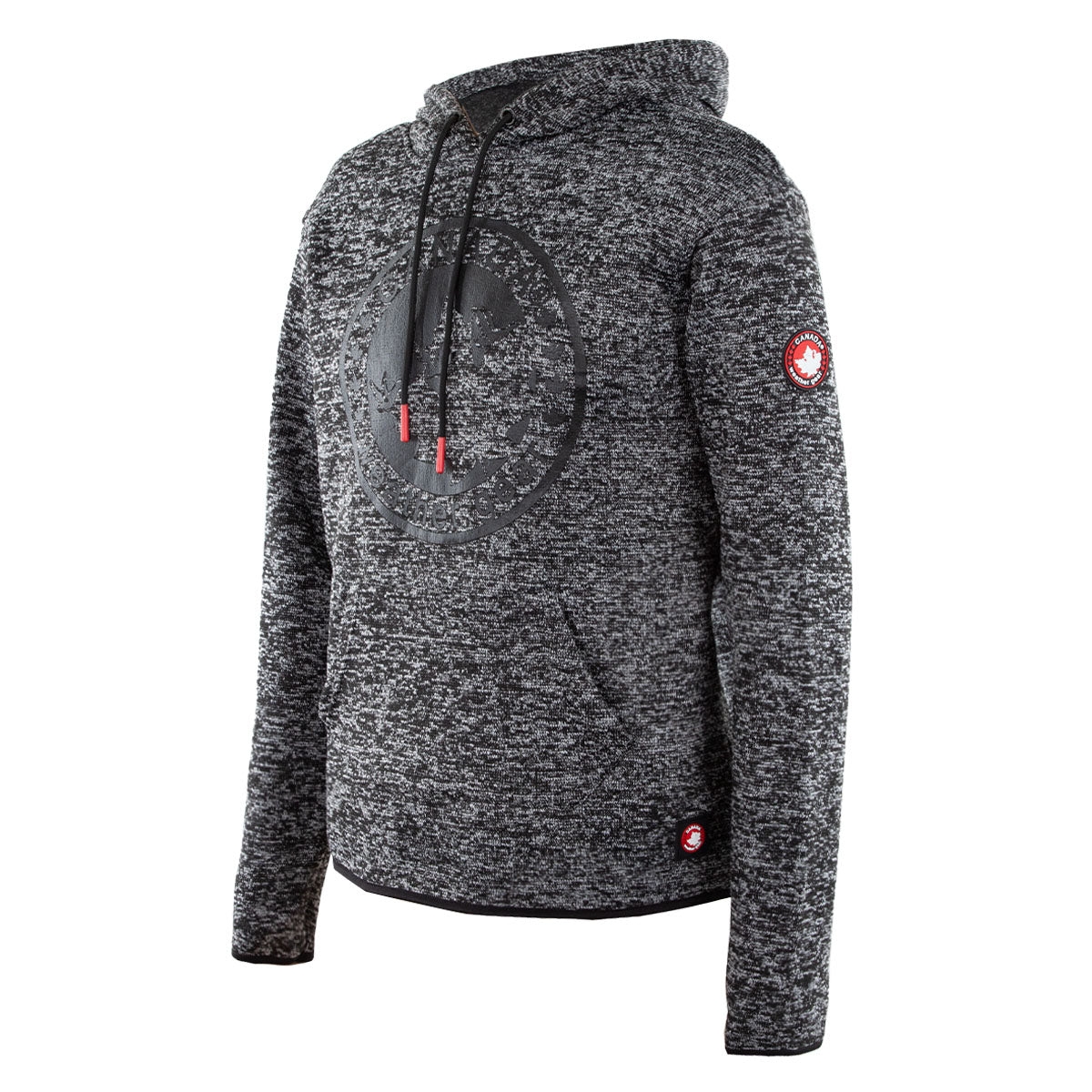 Black and gray speckled hoodie with a large front logo, featuring a circular bear and leaf design. Red tipped drawstrings and a small Canada patch on the sleeve add detail.