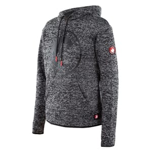 Black and gray speckled hoodie with a large front logo, featuring a circular bear and leaf design. Red tipped drawstrings and a small Canada patch on the sleeve add detail.