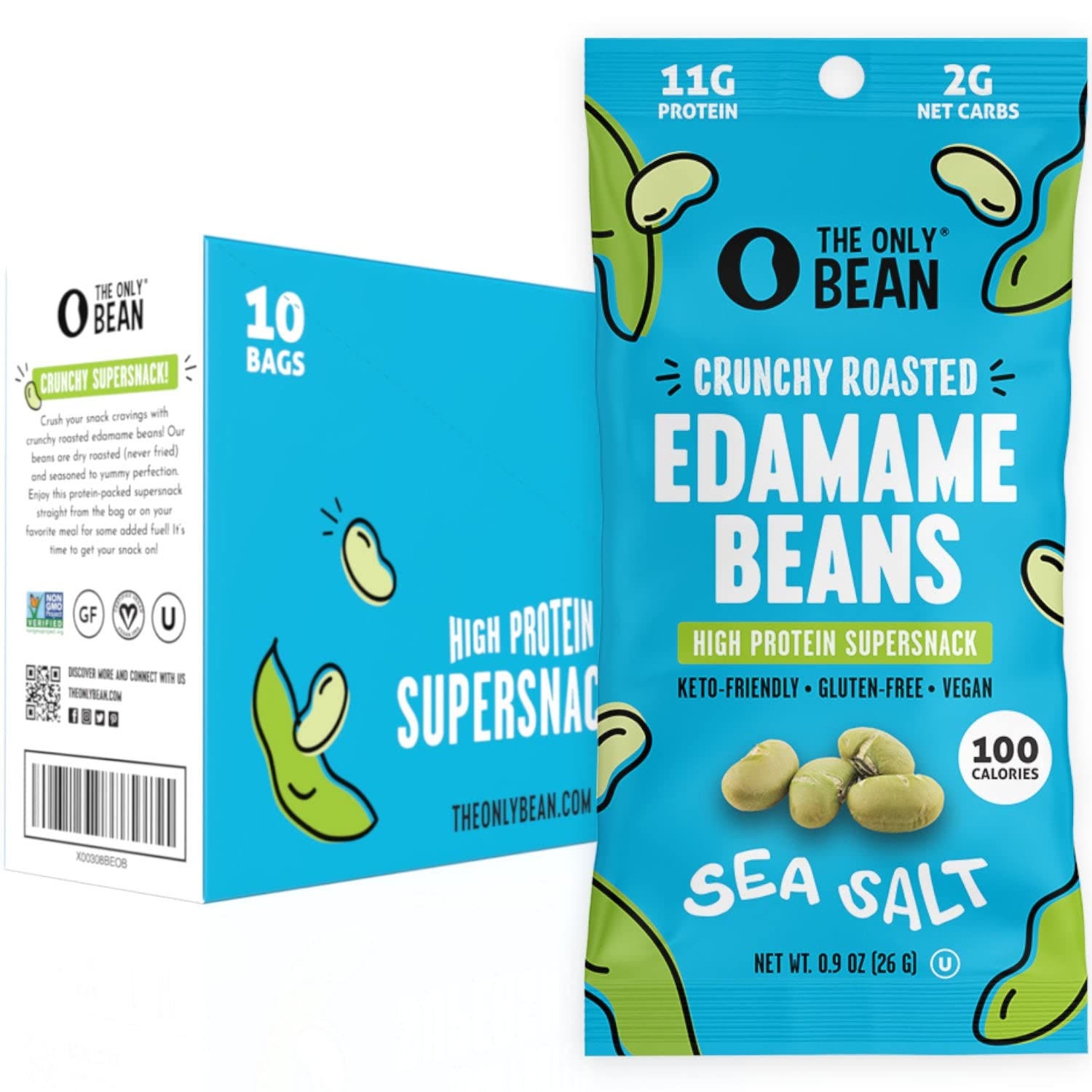 Crunchy roasted edamame beans with sea salt, high in protein (11g), low in net carbs (2g), gluten-free, vegan, keto-friendly, 100 calories per 0.9 oz (26g) bag. Packaging shows a 10-bag box.