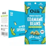 Crunchy roasted edamame beans with sea salt, high in protein (11g), low in net carbs (2g), gluten-free, vegan, keto-friendly, 100 calories per 0.9 oz (26g) bag. Packaging shows a 10-bag box.