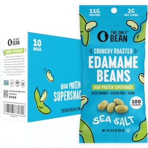 Crunchy roasted edamame beans with sea salt, high in protein (11g), low in net carbs (2g), gluten-free, vegan, keto-friendly, 100 calories per 0.9 oz (26g) bag. Packaging shows a 10-bag box.