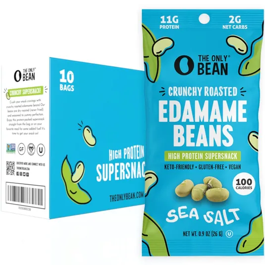 Crunchy roasted edamame beans with sea salt, high in protein (11g), low in net carbs (2g), gluten-free, vegan, keto-friendly, 100 calories per 0.9 oz (26g) bag. Packaging shows a 10-bag box.