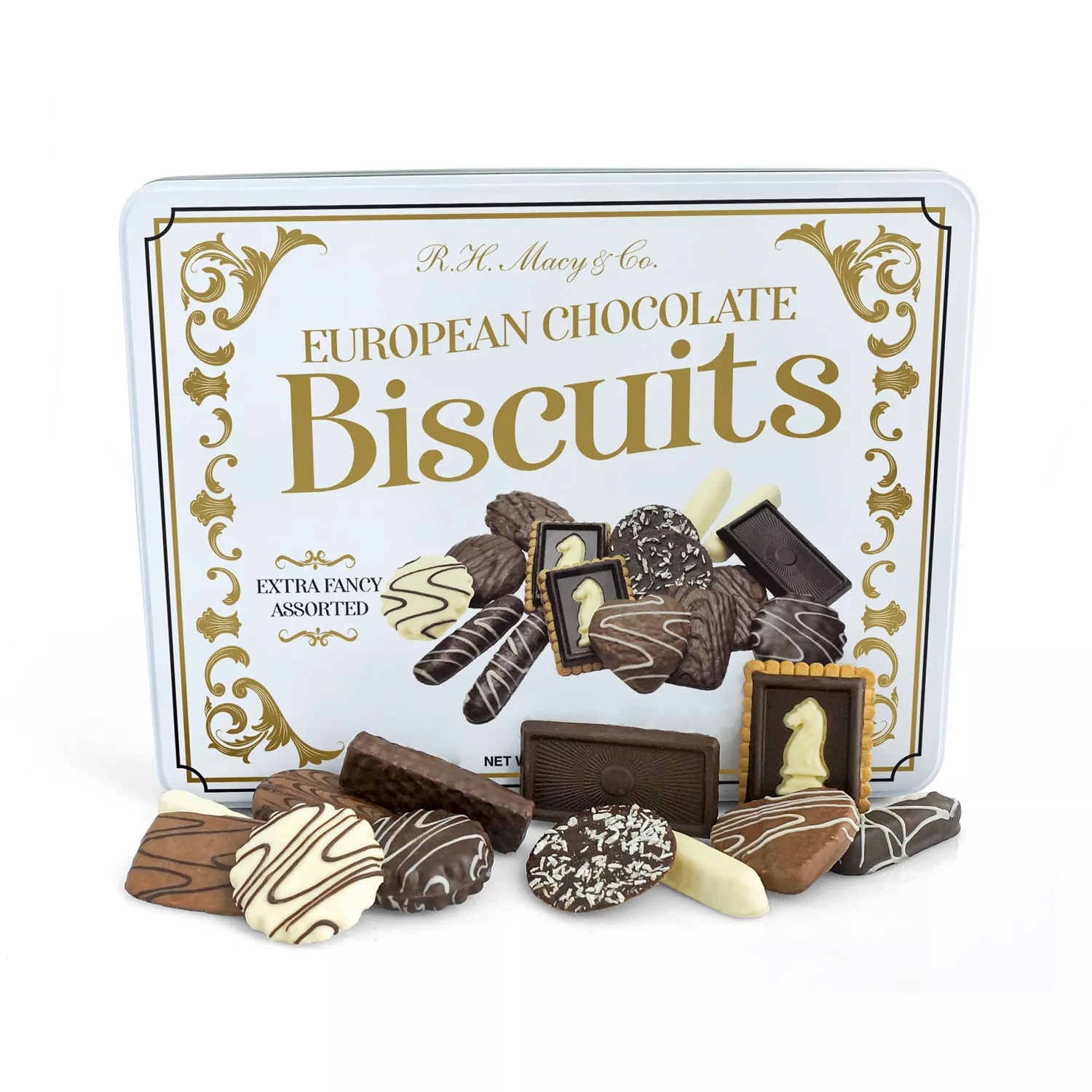 R.H. Macy & Co. European Chocolate Biscuits, extra fancy assorted, feature various chocolate-covered biscuits with decorative designs and patterns.