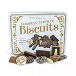 R.H. Macy & Co. European Chocolate Biscuits, extra fancy assorted, feature various chocolate-covered biscuits with decorative designs and patterns.
