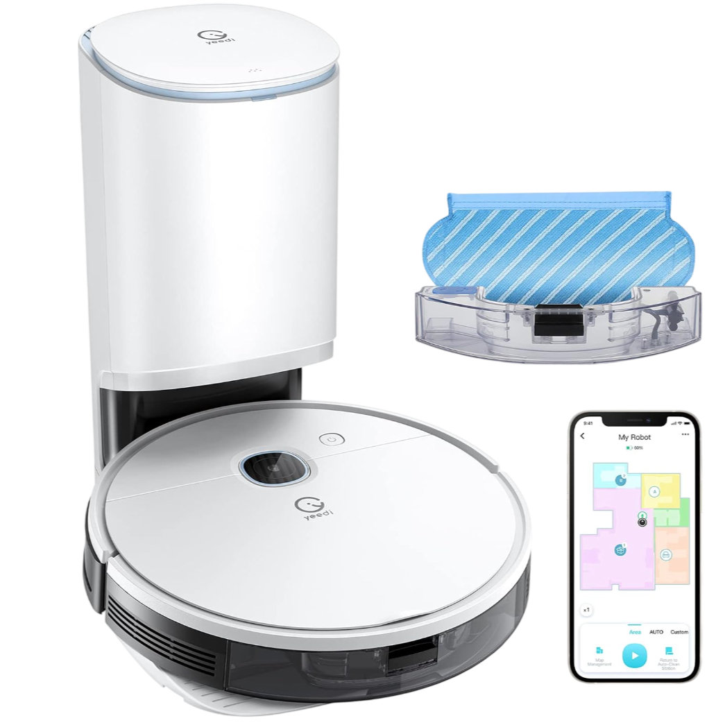 Robot vacuum with docking station, detachable mop attachment, and a smartphone app displaying a cleaning map.