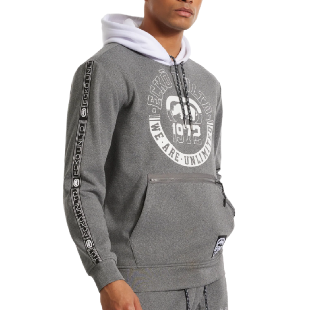 A gray hoodie featuring a white drawstring hood, \“Ecko Unltd 1972\“ graphic on the chest, and branded tape along the sleeves. It includes a kangaroo pocket with a zipper.