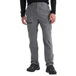 Gray hiking pants with a slim fit, button closure, and a zippered side pocket, paired with black athletic shoes.