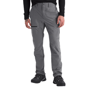 Gray hiking pants with a slim fit, button closure, and a zippered side pocket, paired with black athletic shoes.