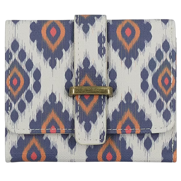 A wallet with a geometric ikat pattern in blue, orange, and white, featuring a flap closure with a brass-colored metal accent.