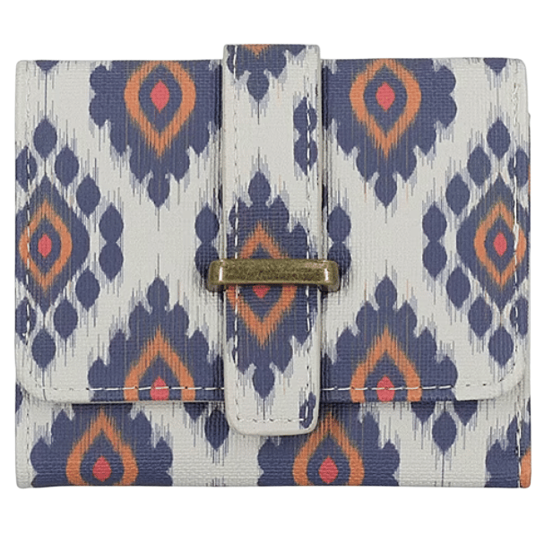 A wallet with a geometric ikat pattern in blue, orange, and white, featuring a flap closure with a brass-colored metal accent.