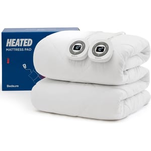Bedsure Heated Mattress Pad with dual controllers for adjustable temperature, shown folded alongside its packaging.