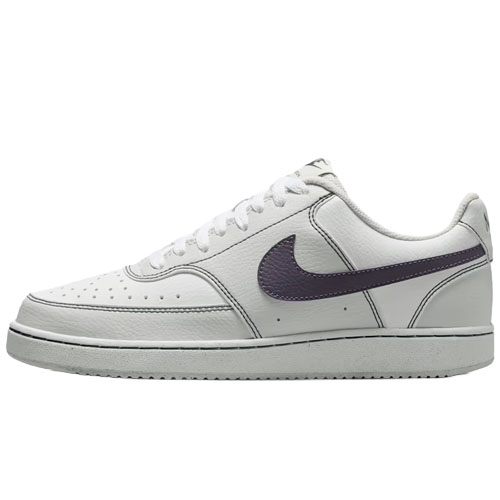 A white low-top sneaker with a black Swoosh logo on the side, featuring white laces and a rubber sole.
