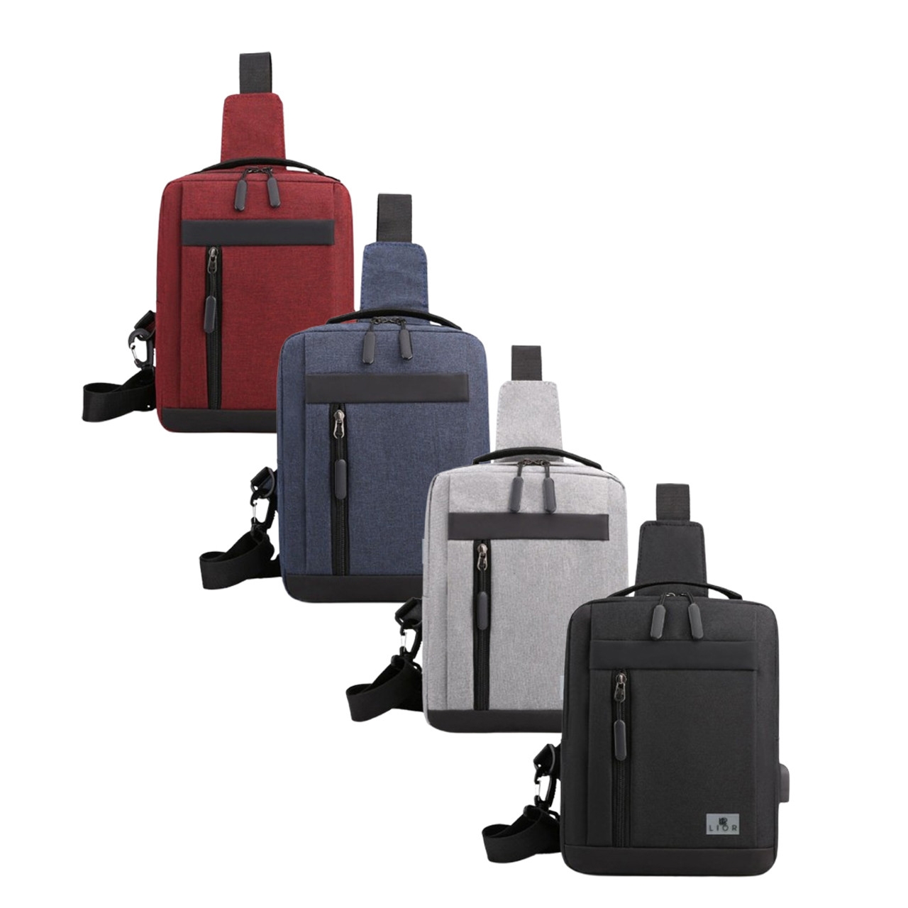 Four sling bags in red, blue, gray, and black colors, each featuring a zippered front pocket, adjustable strap, and top handle for easy carrying.
