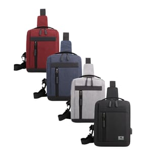 Four sling bags in red, blue, gray, and black colors, each featuring a zippered front pocket, adjustable strap, and top handle for easy carrying.