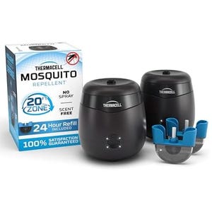 Thermacell Mosquito Repellent creates a 20-ft zone, includes two units, and offers a 24-hour refill. Scent-free and spray-free, it promises 100% satisfaction.
