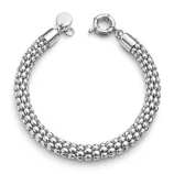 A silver bracelet with a beaded design and a circular clasp closure.