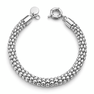 A silver bracelet with a beaded design and a circular clasp closure.