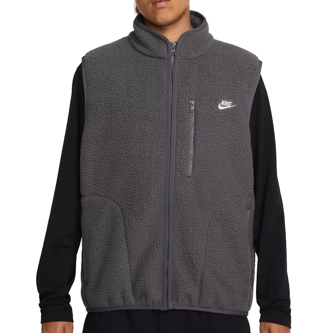 Gray Nike fleece vest with a front zipper and a small chest pocket, featuring the Nike logo on the left side.