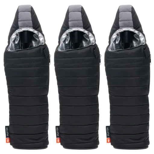 Three insulated bottle holders with a quilted design, featuring a reflective interior lining and a secure zipper closure.