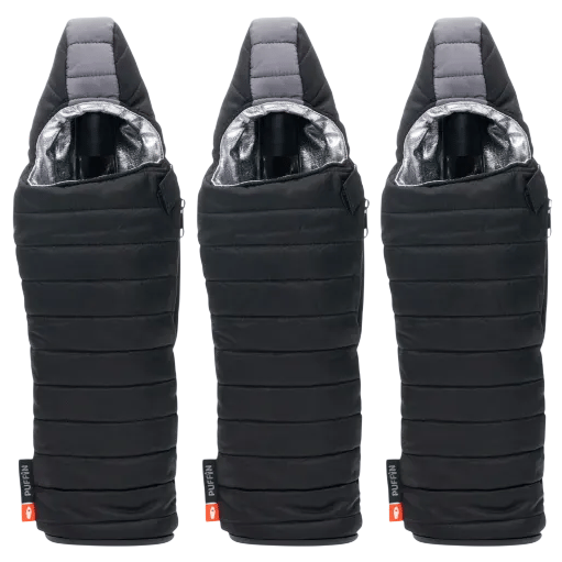 Three insulated bottle holders with a quilted design, featuring a reflective interior lining and a secure zipper closure.