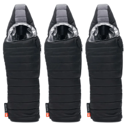 Three insulated bottle holders with a quilted design, featuring a reflective interior lining and a secure zipper closure.
