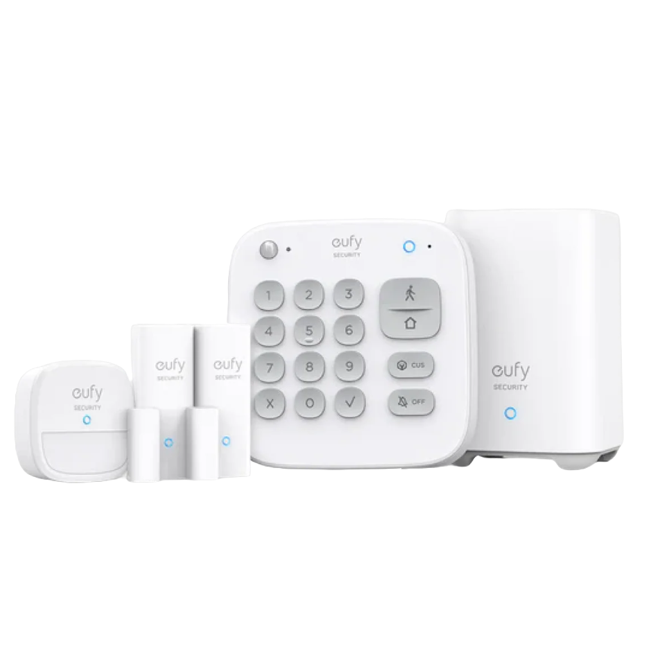 A Eufy security system is shown, featuring a keypad, motion sensor, contact sensors, and a base station, all in a sleek white design.