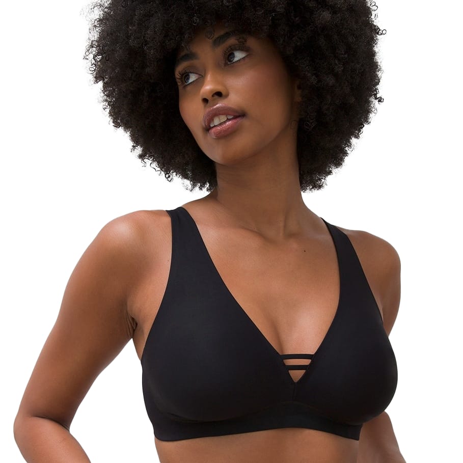 Black wireless unlined bra featuring a deep V-neck with thin strap details, offering a minimalist and supportive design.