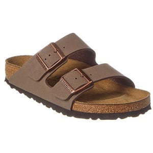 A pair of brown double-strap sandals with metal buckles and cork footbeds.