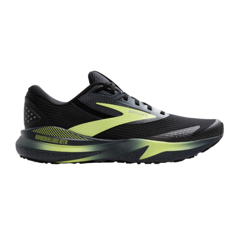 Black and neon Adidas running shoe with \“Adrenaline GTS\“ detailing on the side, featuring a sleek design and cushioned sole.
