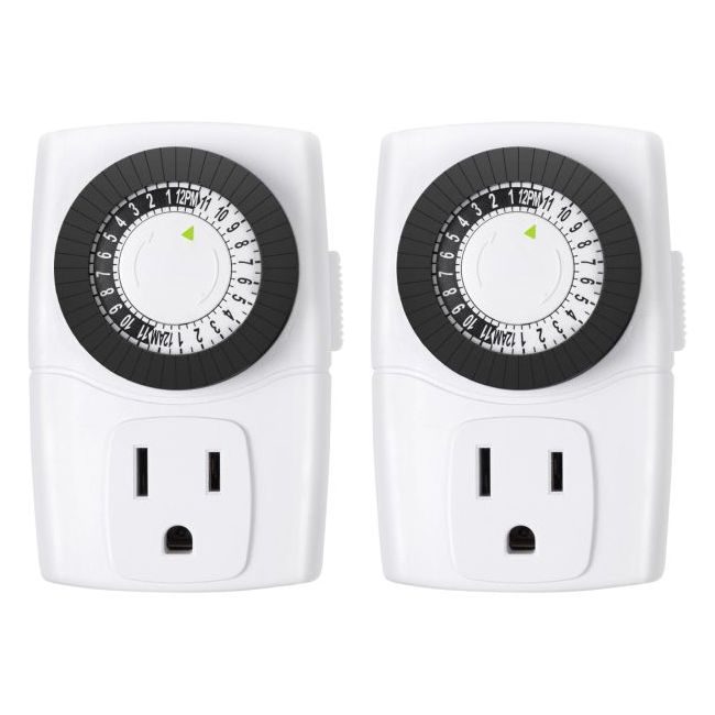 2pk Outlet Timers, white with a 24-hour analog dial for setting on/off times, feature one standard three-prong outlet each.