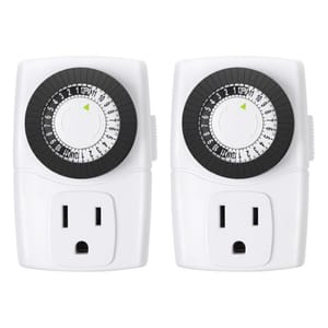 2pk Outlet Timers, white with a 24-hour analog dial for setting on/off times, feature one standard three-prong outlet each.