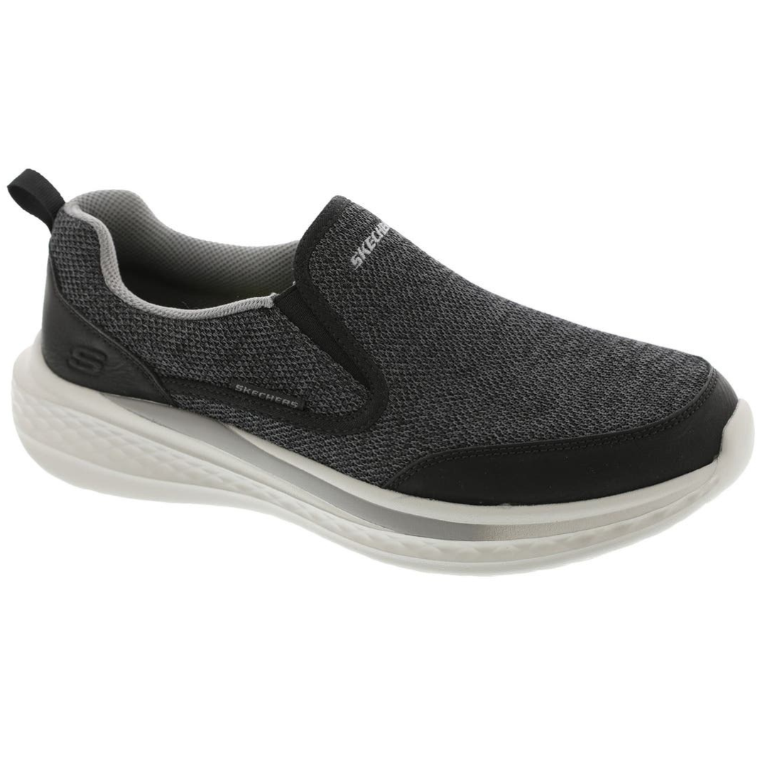 A gray Skechers slip-on shoe with a textured knit upper, black accents, and a cushioned white sole, featuring a pull tab at the heel.