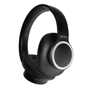 Black over-ear wireless headphones with a sleek design, featuring a circular silver accent on the earcups and the word \“Santana\“ on the headband.