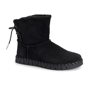 Black ankle-high boots with a plush lining and side-tie detail, featuring a ridged sole for grip.