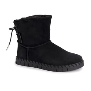 Black ankle-high boots with a plush lining and side-tie detail, featuring a ridged sole for grip.
