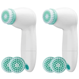 Two white and teal facial cleansing brushes with replaceable brush heads.