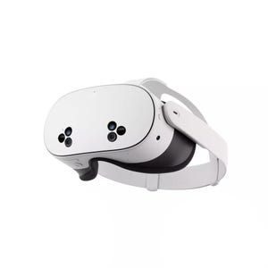 A white Meta Quest 3 VR headset featuring multiple front cameras and an adjustable strap for immersive virtual reality experiences.