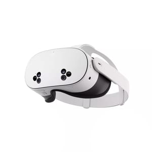 A white Meta Quest 3 VR headset featuring multiple front cameras and an adjustable strap for immersive virtual reality experiences.